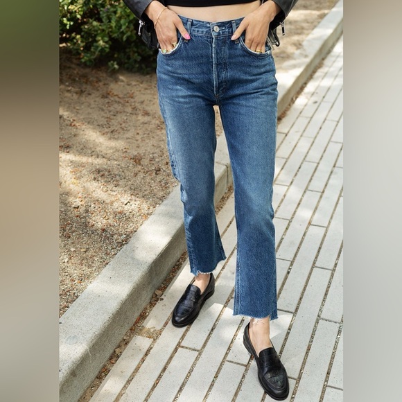 AGOLDE Riley Medium Blue Wash Buttonfly Raw Hem Jeans 25 - Picture 4 of 11